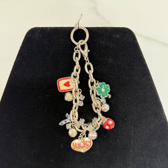 VTG AJMC Lucky Charm Bracelet Gambling Clover Lady Bug 7 Silve Tone Signed 7 in - Picture 2 of 11